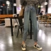 Quần áo thu đông mới phiên bản Hàn Quốc của Hồng Kông hương vị chic co giãn eo hai khóa cao eo lỏng lẻo quần jeans thẳng nữ
