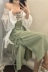 Hàn quốc phiên bản của các pleated sóng điểm sling + Dây Kéo chia váy + Đèn Lồng tay áo dài cardigan kem chống nắng áo sơ mi phù hợp với phụ nữ đầm ngủ nữ Bộ đồ