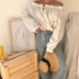 Hồng Kông-hương vị chic retro ren-up cổ áo off-vai áo thun tops phụ nữ hoang dã lỏng bằng gỗ tai dài tay áo sơ mi