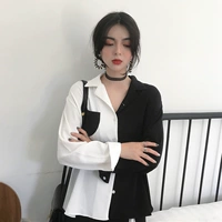 Retro Hồng Kông hương vị chic tính khí Hàn Quốc khâu màu sắc tương phản túi thời trang hàng đầu hoang dã đơn ngực dài tay áo sơ mi nữ mẫu áo sơ mi nữ đẹp 2020