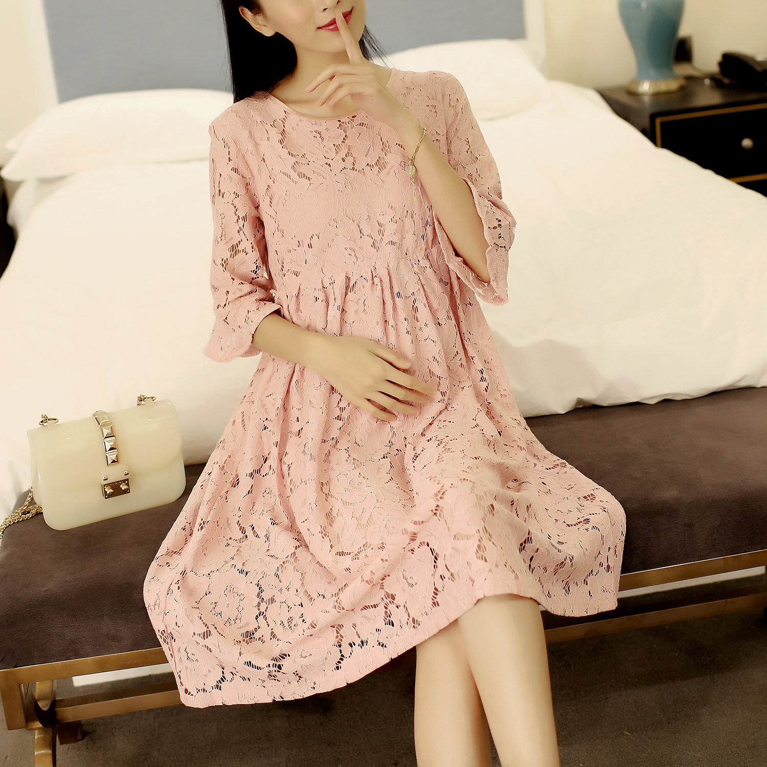 实拍0005#孕妇夏装新款中袖孕妇蕾丝连衣裙时尚宽松大码孕妇长裙