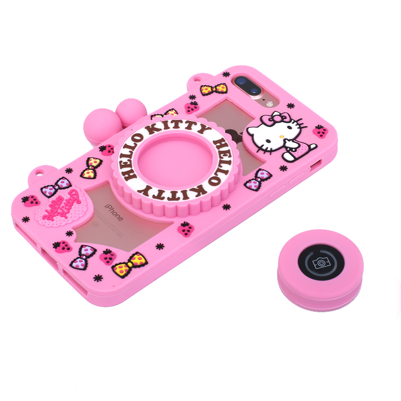 Hello Kitty Camera Bluetooth Self Timer 3D Silicone Shockproof Case Cover with Carrying Strap for Apple iPhone 7 Plus