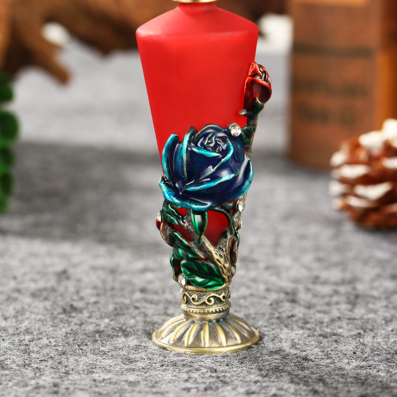 Red Rose Vintage Style perfume Bottle Metal Glass 30ml Antique
