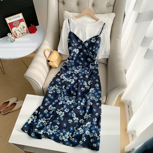 Платье, юбка, летняя одежда, жакет, свежий комплект, коллекция 2021, короткий рукав, с лямками, в цветочек, в корейском стиле