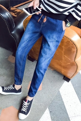 Mùa hè của nam giới jeans Hàn Quốc phiên bản của các lỗ lỏng quần triều thanh niên quần tether dây quần quần chín điểm harem quần