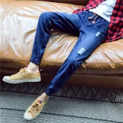 Mùa hè của nam giới jeans Hàn Quốc phiên bản của các lỗ lỏng quần triều thanh niên quần tether dây quần quần chín điểm harem quần