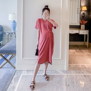 Đầm bà bầu mùa hè mới 2019 phiên bản Hàn Quốc thắt lưng eo qua đầu gối xẻ dọc thời trang áo dài cho mẹ - Áo thai sản