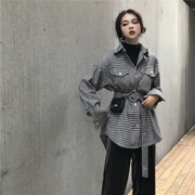 Mùa thu 2018 phiên bản retro Hàn Quốc mới của houndstooth bandage eo dài tay áo khoác len dài áo khoác giản dị