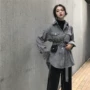 Mùa thu 2018 phiên bản retro Hàn Quốc mới của houndstooth bandage eo dài tay áo khoác len dài áo khoác giản dị áo khoác nữ đẹp