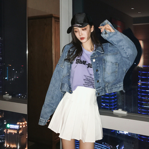 Mùa thu mới của Hàn Quốc phiên bản của retro ve áo cũ ngắn dài tay denim jacket + tuổi-giảm trắng xếp li phù hợp với váy