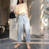 Mùa hè 2018 mới Hàn Quốc giản dị hoang dã quần jeans cạp cao nữ retro quần lửng ống rộng quần học sinh quần jean baggy nữ Quần jean