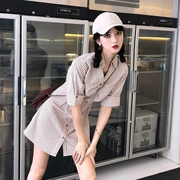 Hàn Quốc Chic Retro kẻ sọc mỏng đơn ngực ngắn tay ăn mặc thanh lịch khí V-cổ áo váy nữ mùa hè