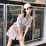Hàn Quốc Chic Retro kẻ sọc mỏng đơn ngực ngắn tay ăn mặc thanh lịch khí V-cổ áo váy nữ mùa hè 	váy nhún phần eo	