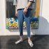 Mùa hè ulzzang9 điểm quần jeans nam phiên bản Hàn Quốc theo xu hướng màu sắc hoang dã phù hợp với bf phong cách Harajuku quần nam 9 điểm quần bò nam Quần jean