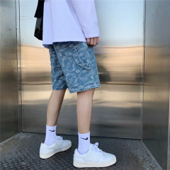 牛仔短褲男寬鬆潮流潮牌直筒腰果花五分褲港風個性百搭工裝馬褲子