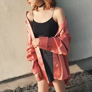 2018 mùa thu mới Han Fanmo màu xanh lá cây màu hồng lỏng retro lụa cotton satin satin áo sơ mi nữ dài tay áo