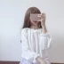 2018 mùa xuân mới sinh viên Hàn Quốc cô gái lỏng hoang dã ren đèn lồng tay áo sơ mi dài tay áo voan áo khoác mùa hè áo sơ mi màu xanh Áo sơ mi chiffon ren