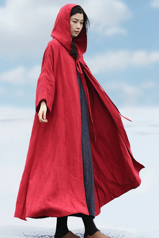 Retro down jacket, red quilted keep warm trench coat with hood, 2020