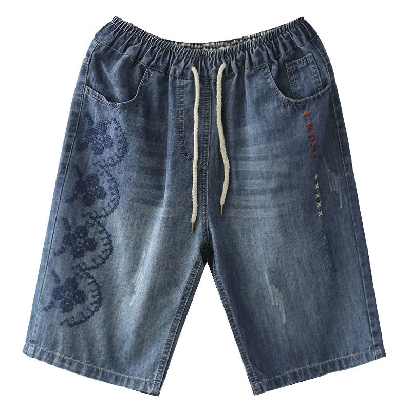 Loose five-inch denim shorts for women in summer 2022, a new retro embroidered large-sized straight-leg midpants Item Picture