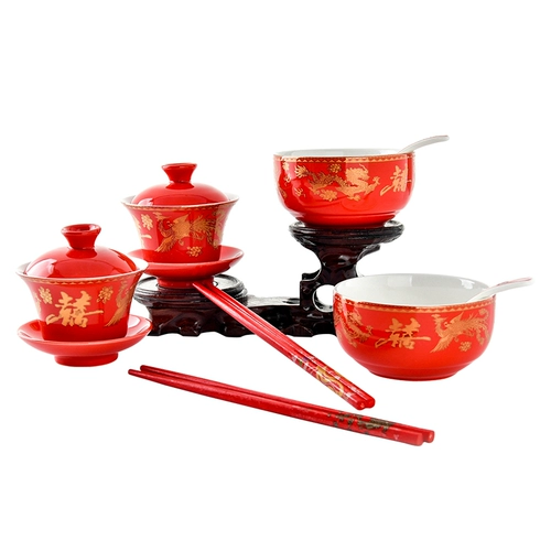 Dragon и Phoenix китайская Hongxi Bowl Свадебная свадебная Свадебная Страсть для свадебной чаши для подарков на чашку XIXI Кубка Керамики