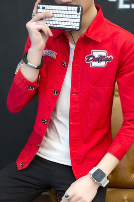 Nhanh tay người đàn ông màu đỏ với slim jacket nam Hàn Quốc phiên bản của xu hướng đồng phục bóng chày áo khoác mùa xuân tinh thần boy jeans dice Đồng phục bóng chày