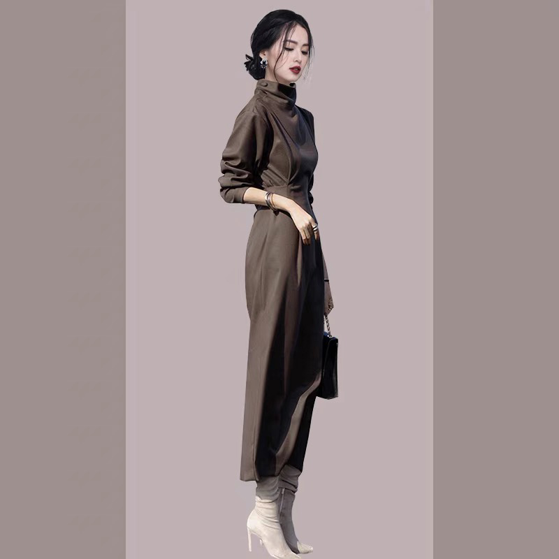 Gao Leng Yujie Style High Neck Long Sleeve Wool Dress Women's Fall/Winter French Backing Long Dress with Coat Fashion