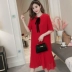 Thai sản dress mùa hè đầm voan dài bow xếp li ngắn tay thai sản dress loose Hàn Quốc phiên bản của triều mẹ