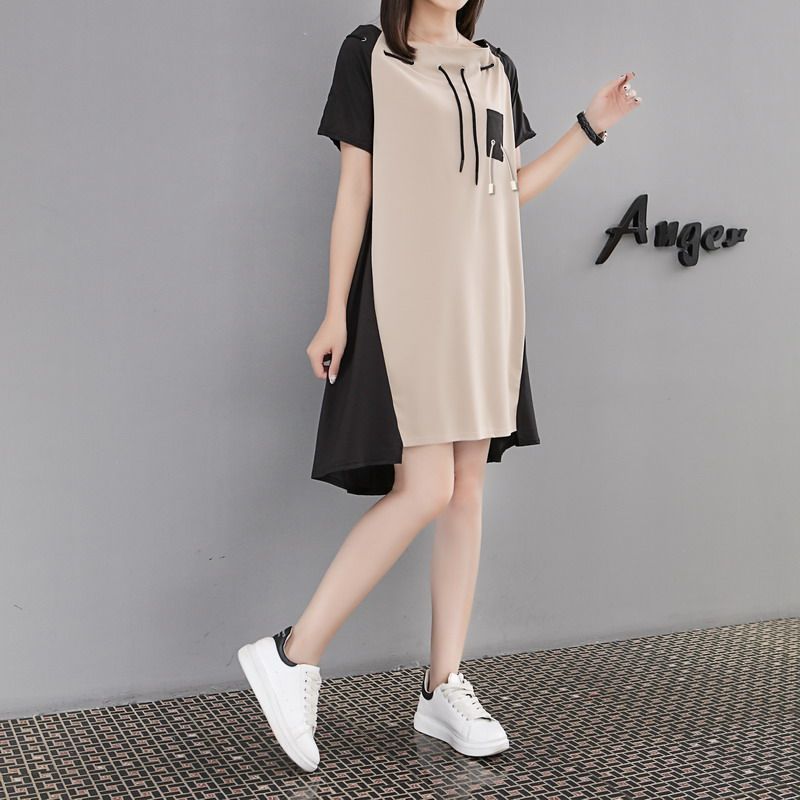 欧货2018夏季新款休闲宽松大码显瘦a字裙绑带中长款t恤连衣裙女