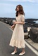 Hàn quốc mùa hè chic loose đoạn dài strapless từ cổ áo bong bóng ngắn tay áo eo ruffle dress dress đầm dài qua gối cho tuổi trung niên Váy dài