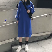 Hàn Quốc mùa thu lỏng mỏng cổ tròn áo thun váy lười bên sườn dài tay áo dài qua đầu gối quần áo phụ nữ