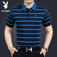 Playboy ngắn tay t-shirt nam mùa hè trung niên của nam giới ve áo POLO áo sơ mi lụa mỏng phần sọc daddy áo polo trắng