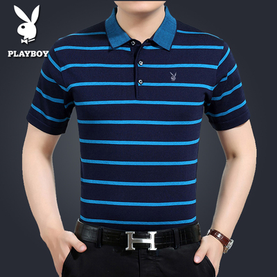 Playboy ngắn tay t-shirt nam mùa hè trung niên của nam giới ve áo POLO áo sơ mi lụa mỏng phần sọc daddy Polo