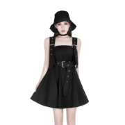 Gốc tối punk chic quảng trường cổ áo váy đen Seiko đa-porosity eo nhạc strap đen dress