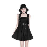 Gốc tối punk chic quảng trường cổ áo váy đen Seiko đa-porosity eo nhạc strap đen dress 	váy nơ eo	