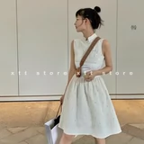 Белое ципао без рукавов, платье, яркий броский стиль, высокая талия