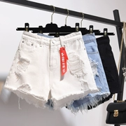 Quần lọt khe lưng cao quần lửng denim quần lửng nữ quần lửng ống rộng mùa hè thời trang mới in quần ống rộng - Quần jean