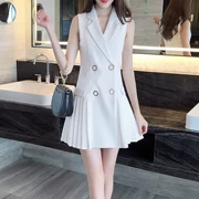 Korea Tide thương hiệu mới 2019 khí chất Hàn Quốc xếp li váy mùa hè Slim là bộ đồ mỏng cổ áo vest khí - Sản phẩm HOT