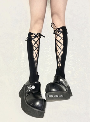 taobao agent Arrived on the first floor, lace -up design calf socks jk funeral dark mid -sock socks, velvet girl sweet cool girl