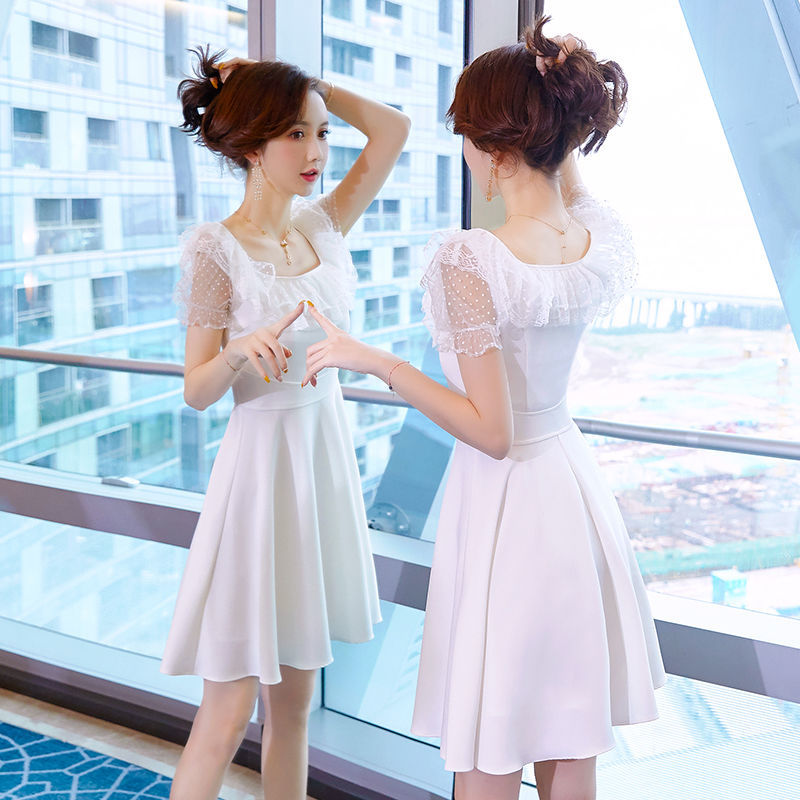 ins裙子超仙礼服女2020年新款夏季气质小个子白色网纱蕾丝连衣裙