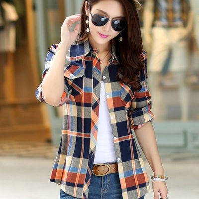 棉质格子衫女春季新款女装韩版长袖衬衣女打底衫女学生格子衬衫潮