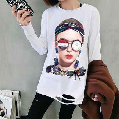 大码时尚打底衫女春季新款长袖T恤女学生宽松破洞中长款上衣春装