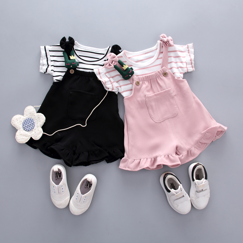 女童夏装套装2022新款童装洋气韩版短袖T恤公主背带裤两件套1-3岁