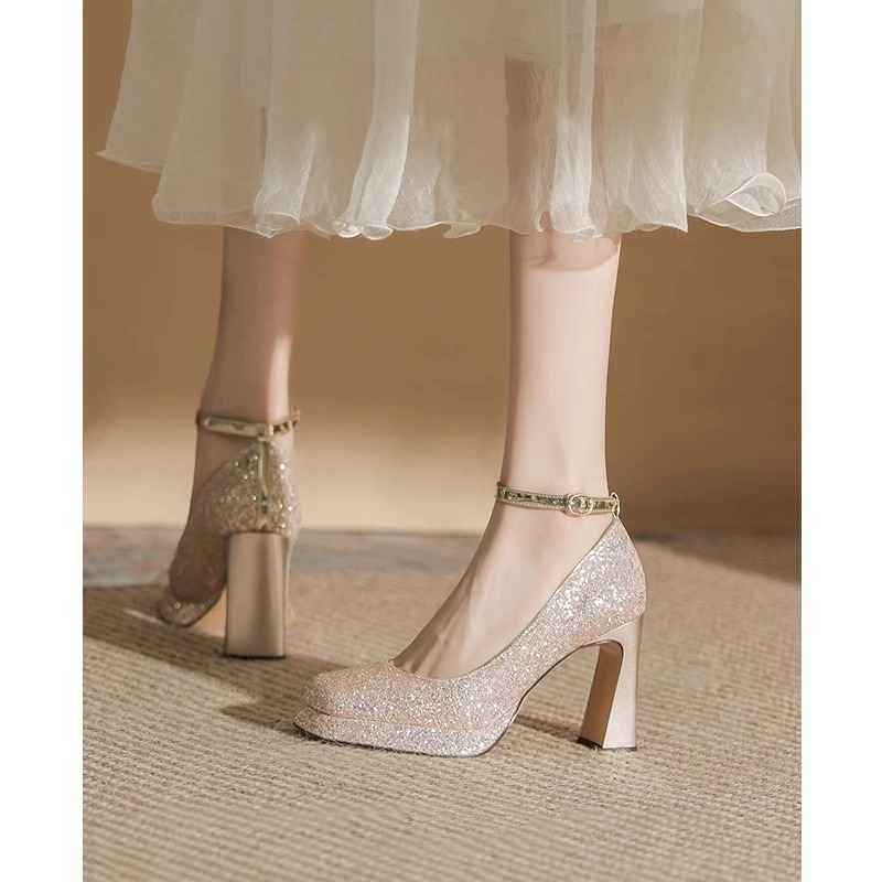 French Style Little Mary Jane Wedding Shoes Bridal Shoes Women's Thick Heel Waterproof Platform Thick Bottom Wedding Dress Artifact Crystal High Heels