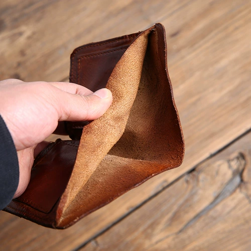 Маленький короткий ультратонкий небольшой дизайнерский кожаный ретро бумажник, из натуральной кожи, воловья кожа, изысканный стиль