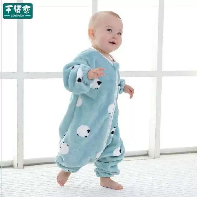 Túi ngủ cho bé kiểu khóa kéo xẻ chân chăn chống đá cho trẻ em mùa thu đông dày dặn nam nữ pyjama nhung san hô một mảnh - Túi ngủ / Mat / Gối / Ded stuff