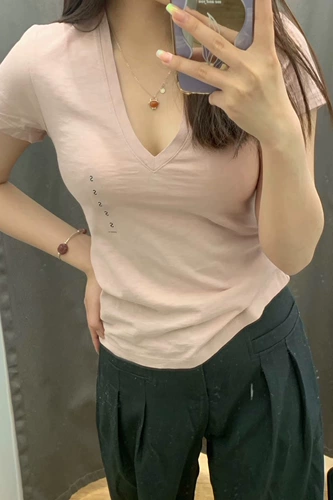 Umiqio/u Home 2023 Летняя универсальная повседневная простой простая бамбуковая писательская пряжа V-образный выстрел футболка с коротки