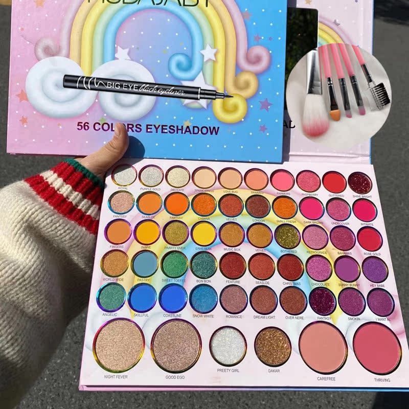Rainbow 56 Color Disc (Five Brush + Eyeliner)Bright color Eyeshadow Compact full set No halo pearl light Flash powder Blush modify one's face through surgery one 56 Eye shadow stage makeup student female