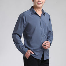 Рубашка мужская 中老年男士长袖衬衫夏秋季薄款纯色宽松冰丝衬衣老年人爷爷爸爸装