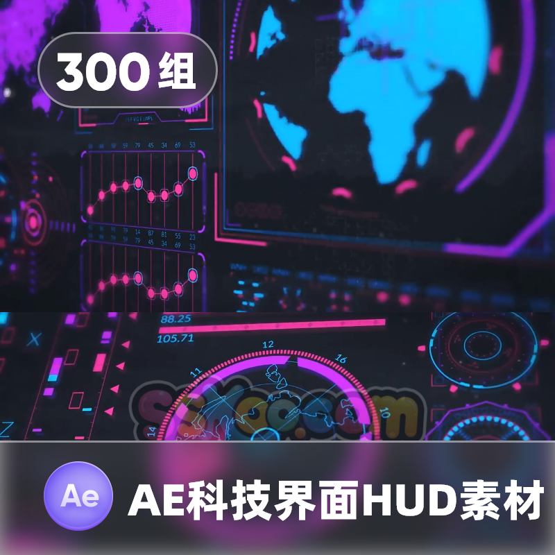 未来科技感HUD图形界面数据UI动画包地图光圈标记AE模板设计素材