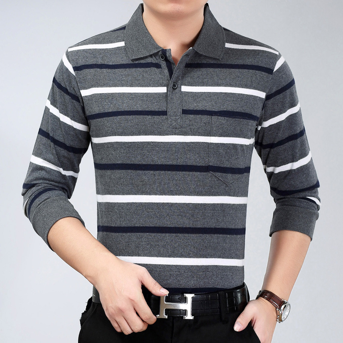 秋季中年翻领长袖t恤爸爸装 男士宽松休闲条纹polo衫上衣打底衫